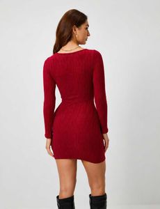 Wine Red Ribbed Bodycon Mini Dress | Full Sleeve