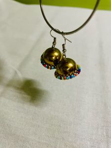 Golden Jhumka Earrings with Colorful Beads