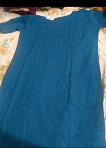 Blue Kurta set  with Red Embroidered Neck