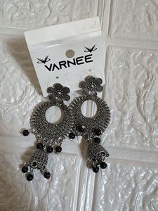 Oxidized Silver Jhumka Earrings with Black Beads
