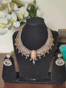 Brass Necklace &amp; Earring Set with handcarved stone