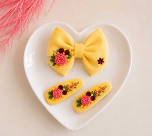 Embroidered Hair Bow & Clips Set