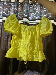Bright Yellow Puff Sleeve Lace-Up Top