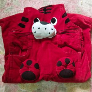 Boys,Red Velvet Dungaree,with Paw