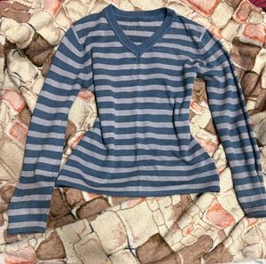 Vintage Blue Striped V-Neck Sweater