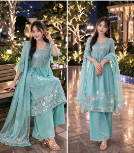 Beautiful Blue Nyra cut Kurta Set with Embellishme