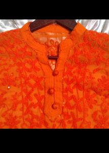 Orange Embroidered sheer top
