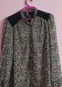 Leopard Print Sheer Blouse with Lace Detail