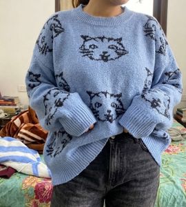 Cat Print Blue Oversized Pullover Sweater