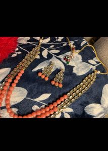 Stunning Peach Bead and Crystal Necklace Set