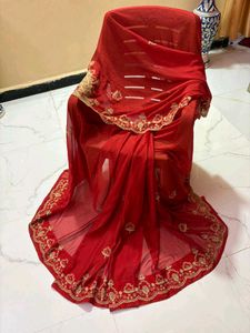 cut work  Red Embroidered Saree