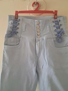 High Waisted Lace-Up Ice Blue Jeans