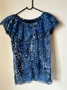 Blue Leopard Print Ruffle Top