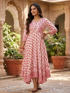 Ethnic Printed Flared Anarkali Kurti with Mirror