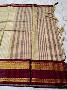 Elegant Beige &amp; Maroon Checked Saree