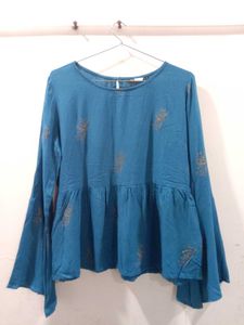 Blue Printed Peplum Top Bell Sleeve