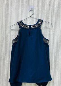 Beaded Cold Shoulder Blue Top
