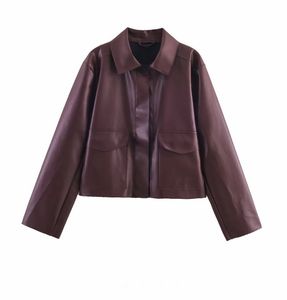 Dark maroon Faux Leather Cropped Jacket