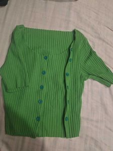 Green Ribbed Button-Up Cardigan Top