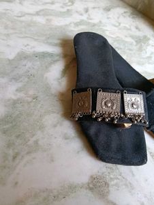 Black Flat Sandals with Oxidized Silver Embellishm