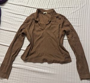 Brown Long Sleeve Collared Top