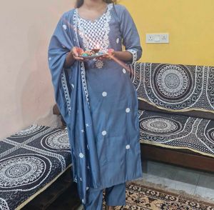 Blue Embroidered Kurta Set with Dupatta