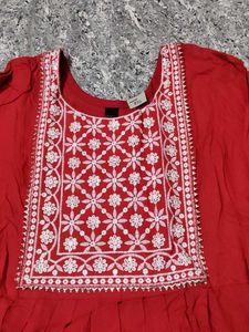 Red Embroidered Nyra Cut Kurta Set