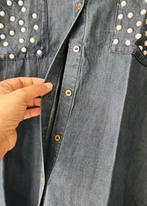 Pearl Embellished Denim Tunic Shirt