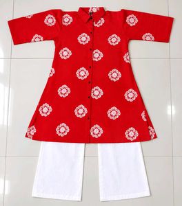 ( New) Red Floral Round Kurta Pair
