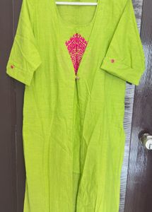 Lime Green Kurta with Pink Embroidery
