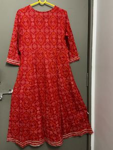 Red Bandhani Printed Kurta with Mirror Work