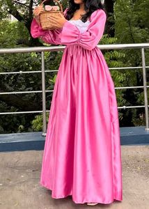 Elegant Pink Satin Gown with Puff Sleeves