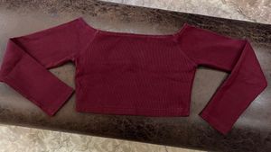 Maroon Off-Shoulder Long Sleeve Crop Top