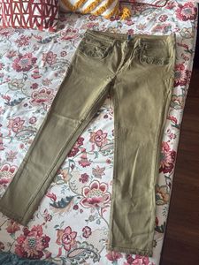 Olive Green Embroidered Jeans