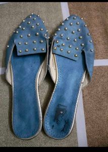 Studded Party Wear Blue Slip-On Flats In 39 Number