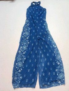 blue sleeveless halterneck jumpsuit