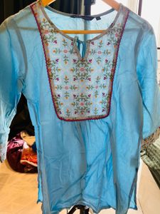 Embroidered Blue Top/ Short Kurti And denim Shirt