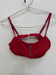 Red Ribbed Bikini Top with Zipper