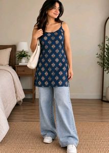 Navy Blue Motif Design Printed Kurta & Free Gift