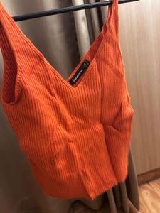 Orange Ribbed V-Neck Tank Top