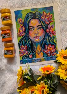 Vibrant Portrait Painting with Lotus Flowers