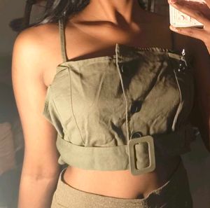 Olive Green  denim Crop Top with Belt