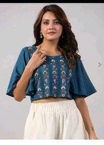 Embroidered Teal Crop Top