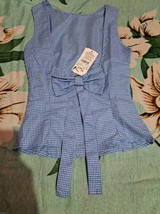 Shein Blue Gingham Sleeveless back bow Top