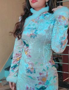 Korean Velvet Floral Bodycon Midi Dress Size M |