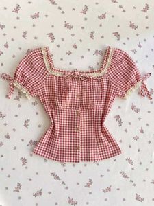y2k Red Gingham Puff Sleeve Square Neck Top