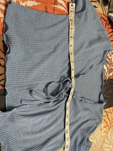 Blue Ribbed Tie-Front Cropped Cardigan