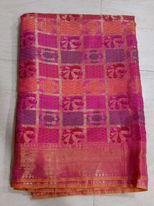Vibrant Pink & Orange Checked Saree