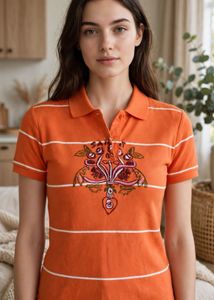 Orange Striped Embroidered Polo Shirt