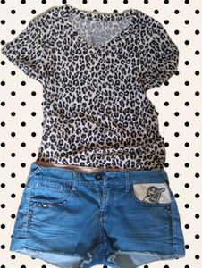 Leopard Print Top & Denim Shorts Set